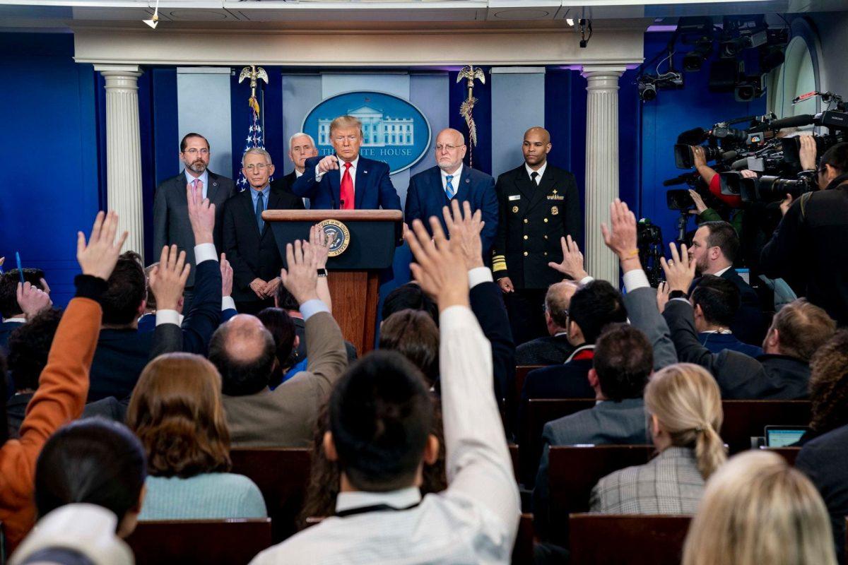 President Donald J. Trump, joined by Vice President Mike Pence, takes questions from reporters during a Coronavirus Task Force update Saturday, Feb. 29, 2020, in the James S. Brady Press Briefing Room of the White House. (Official White House Photo D. Myles Cullen)