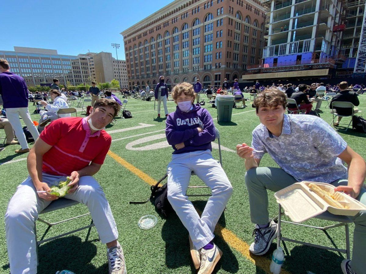 From left to right, seniors Tommy Siracuse, Finn Cousins, and Jack Wood sit together and eat lunch. (Photo from Jesse Dolojan)