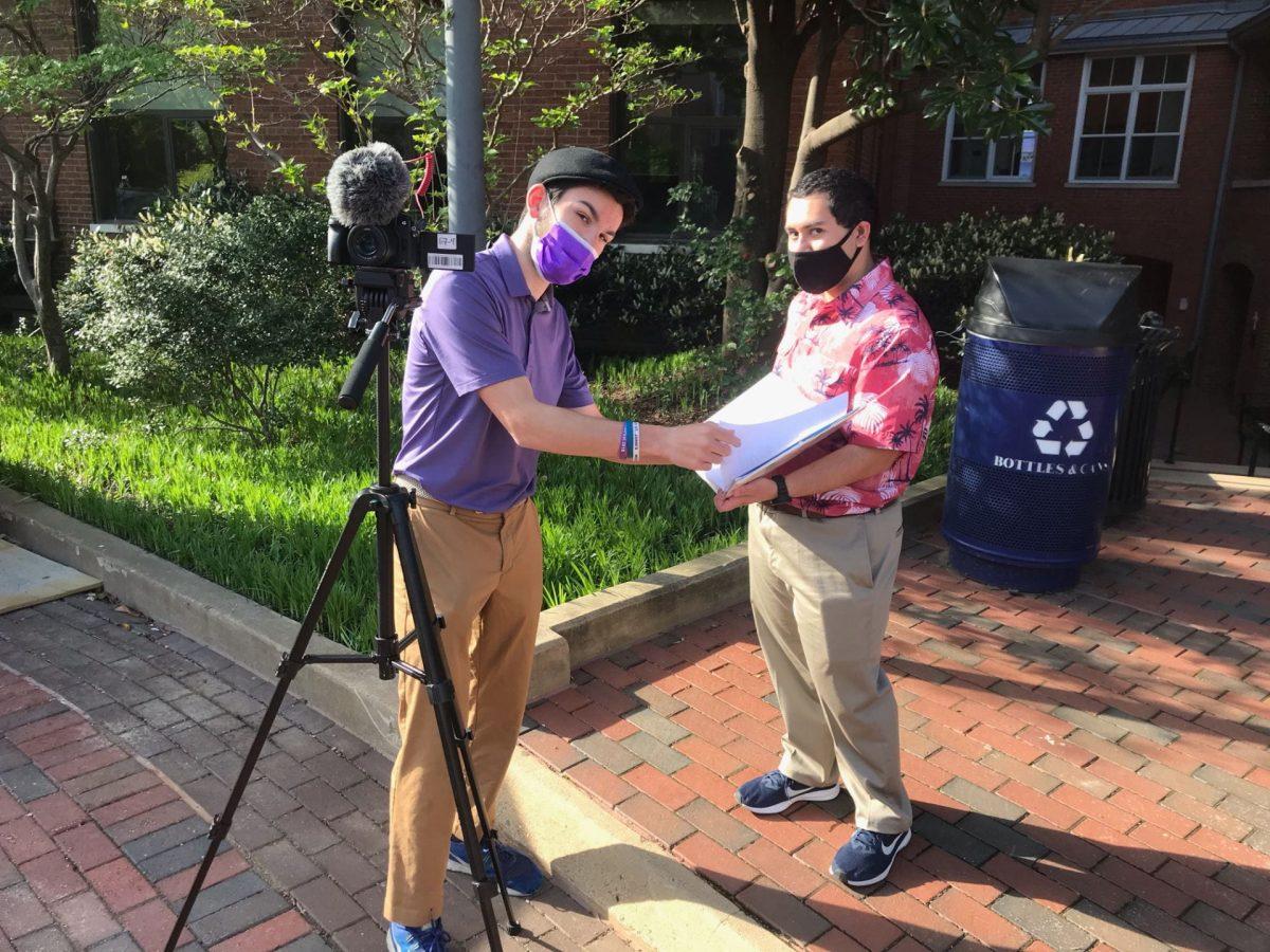 Seniors Will Buffaloe and Jesse Dolojan work together to film Gonzaga Fest Part III. Photo from Mr. Dominick Pugliese. 