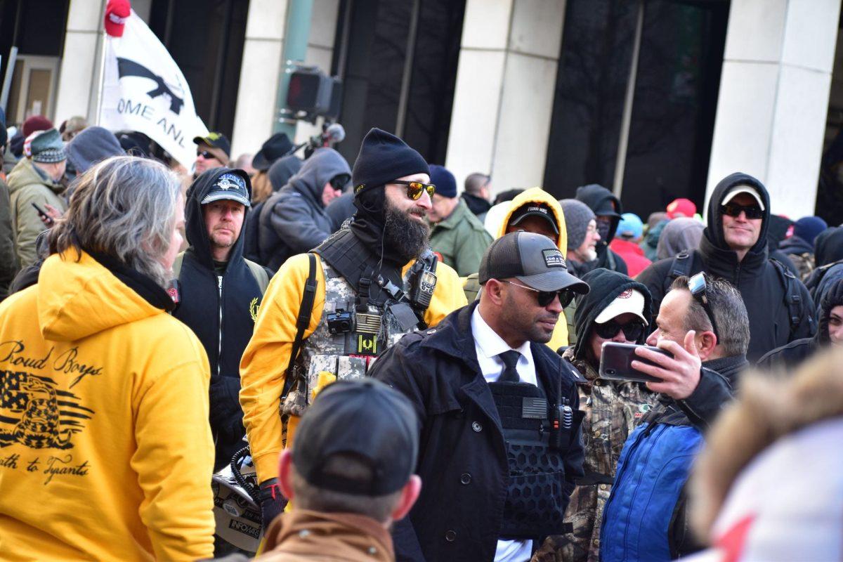 Enrique Tarrio and the Proud Boys at Virginia 2nd Amendment Rally in January 2020. Photo used with CC permission and taken by Anthony Crider Flickr https://www.flickr.com/photos/acrider/