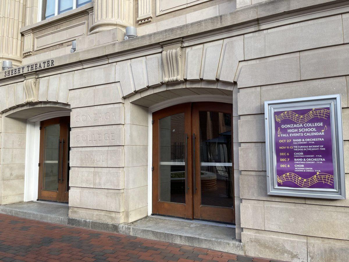 The outside of Gonzaga's Sheehy Theater has a poster displaying all the fall performances as part of the Ambassadors of the Arts Program. A spring poster will be up soon. Photo by Lorenzo Limarzi