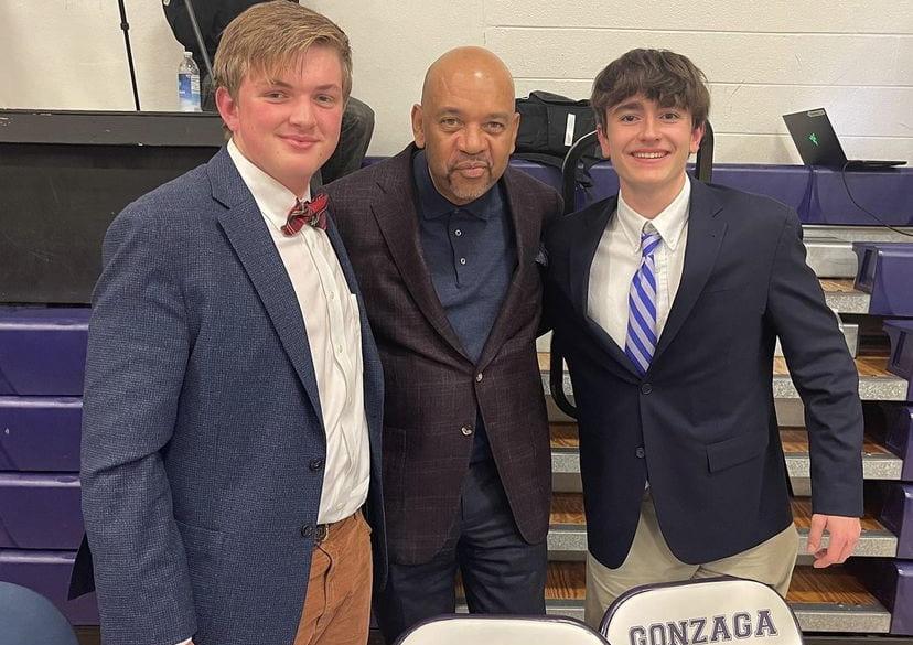 Michael Wilbon cohost of "Pardon the Interruption" joined a recent broadcast with juniors Collin Smith and Owen O'Keefe. Photo from @gonzagagoodnews instagram account 