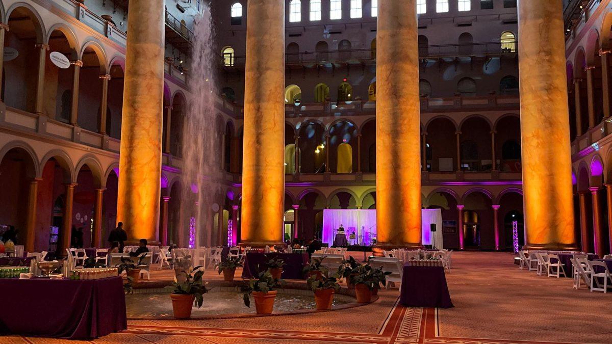 The National Building Museum decks out in purple for Gonzaga's Prom. Photo by Stone Photography