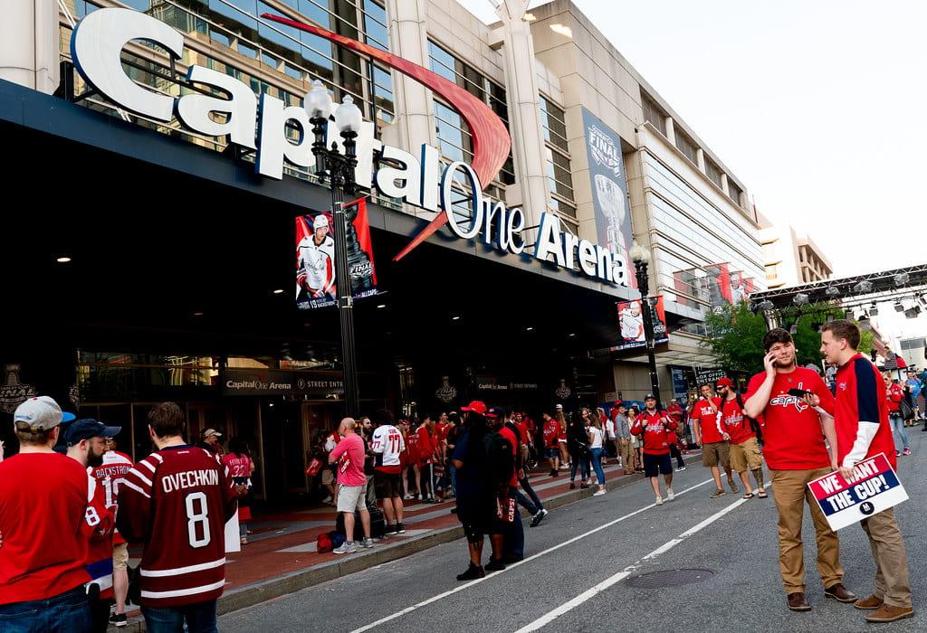 Photo of Capitals fans waiting outside Capital One Arena prior to Game 5 of the Stanley Cup Finals. Photo taken by Victoria Pickering. Used with Creative Commons license.