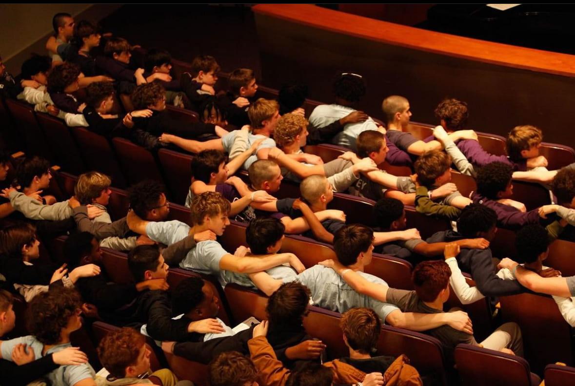 Freshmen gather in the theater for one of many large group sessions. Photo from GFR 2024 Photo Crew. 