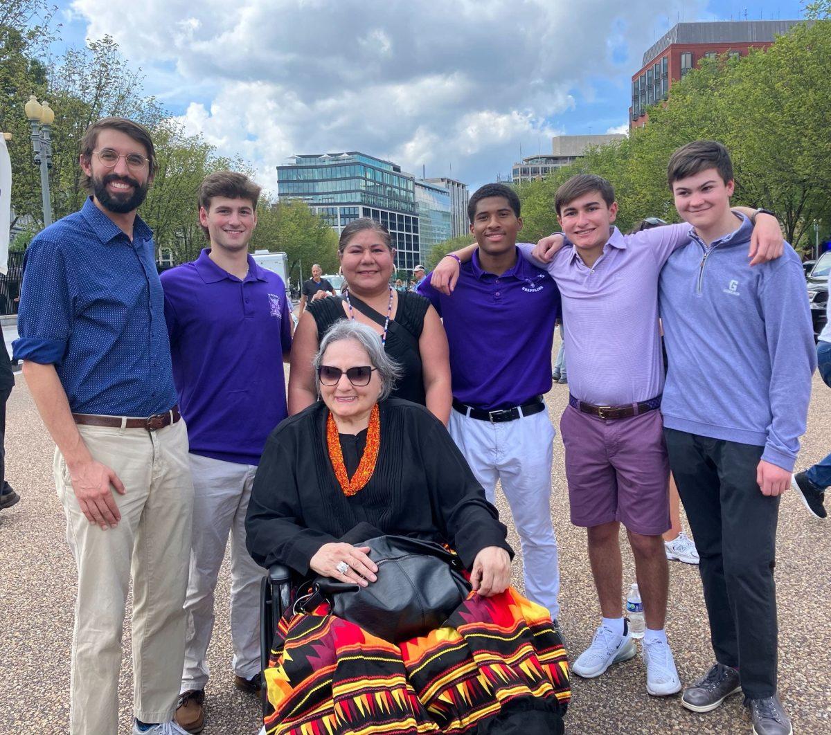 Lakota History teacher, Mr. Dominick Pugliese (end of left), and students of the Lakota History class meeting with Native activist, Suzan Shown Harjo (bottom middle), at a Leonard Peltier protest in front of the White House (Photo courtesy of Mr. Pugliese)