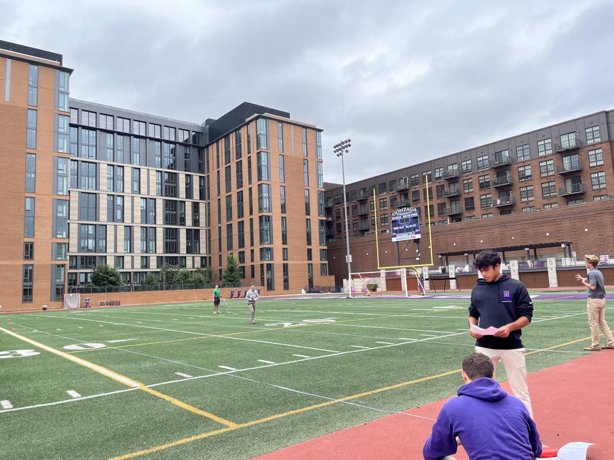 In Honors Physics at Gonzaga, students are studying the range of an object in projectile motion. Range is the horizontal distance the object travels. Students measured the range of a Nerf Stomp Rocket when launched at 30 degrees, 45 degrees and 60 degrees. They then calculated the range for each angle and compared this to their experimental data. 