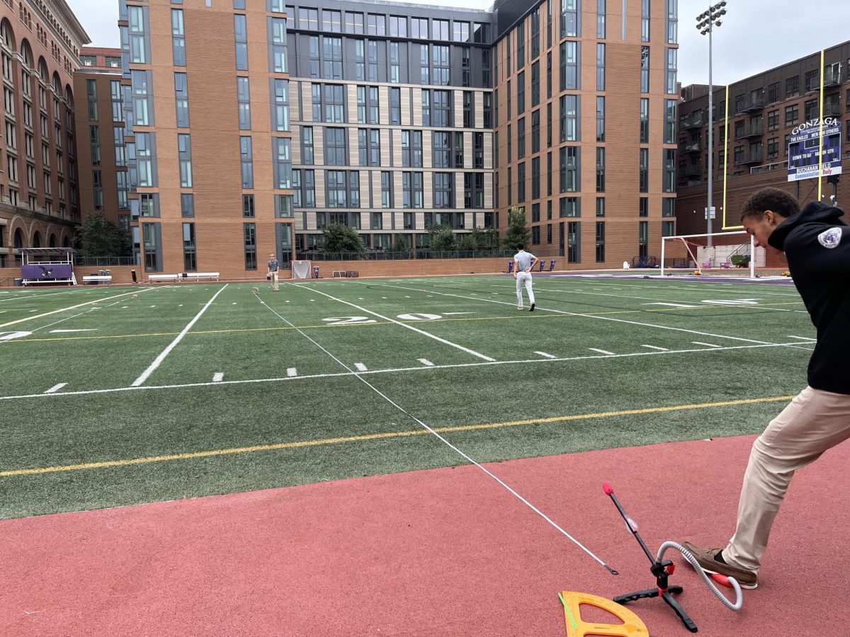 In Honors Physics at Gonzaga, students are studying the range of an object in projectile motion. Range is the horizontal distance the object travels. Students measured the range of a Nerf Stomp Rocket when launched at 30 degrees, 45 degrees and 60 degrees. They then calculated the range for each angle and compared this to their experimental data. 