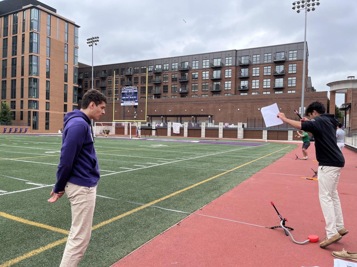 In Honors Physics at Gonzaga, students are studying the range of an object in projectile motion. Range is the horizontal distance the object travels. Students measured the range of a Nerf Stomp Rocket when launched at 30 degrees, 45 degrees and 60 degrees. They then calculated the range for each angle and compared this to their experimental data. 